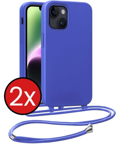 Hoesje Geschikt voor iPhone 13 Mini Hoesje Siliconen Case Met Koord - Hoes Geschikt voor iPhone 13 Mini Hoesje Backcover Met Telefoonkoord - Felblauw - 2 PACK