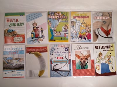 5 Beterschap Wenskaarten - Dubbele kaarten met enveloppen - 16x11cm - humor/man