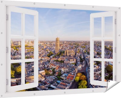 Gards Tuinposter Doorkijk Utrecht vanuit de Lucht - 180x120 cm - Tuindoek - Tuindecoratie - Wanddecoratie buiten - Tuinschilderij