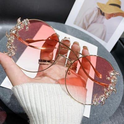 Nieuwe Randloze Geslepen Rand Diamanten Zonnebril Mode Ronde Strass Zonnebril Golf Design Spiegelpoot Bril roze