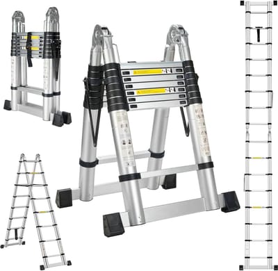 Telescopische Ladder - Vouwladder Aluminium - Klus Klussen - Met Stabilisatoren - 5 Meter - Zilver