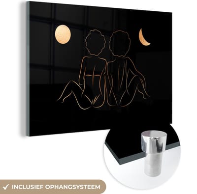 MuchoWow® Glasschilderij 60x40 cm - Schilderij acrylglas - Vrouwen - Maan - Gold - Line art - Foto op glas - Schilderijen