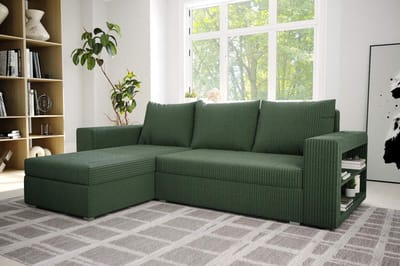 Hoekbank Alexandra met slaapfunctie en opbergruimte- corduroy ribstof groen- hoeksalon met bed en opbergruimte- universele lounge- zetelsenbedden