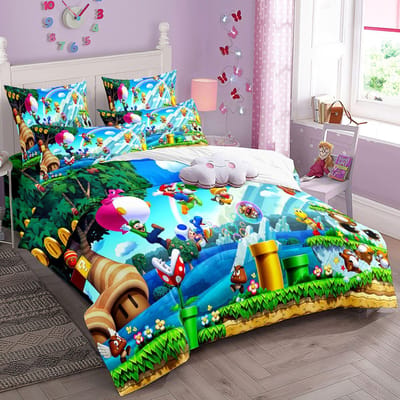 Cartoon SuperS M-Mario Beddengoed Set Spelpersonages Super Bros Dekbedovertrek Kinderdekbedovertrekken Kussensloop 2/3 Stuks Enkel Tweepersoons AU King(245*210cm)3pcs