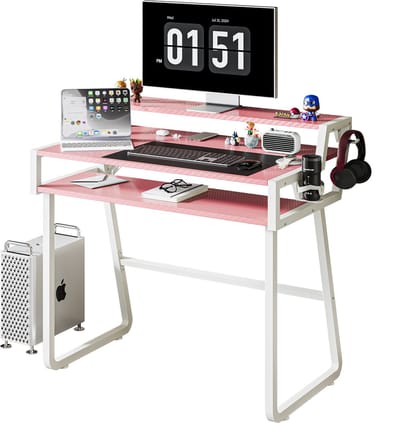 Soontrans-Bureau-Computerbureau Met Monitorstandaard- Bureautafel Lades-Gaming Bureau Met Hoofdtelefoonhaak- Bekerhouder-PC-Tafel-Hoekbureau-Computertafel Eenvoudig te Monteren-Ruimtebesparend-Bureau voor Kantoor-Studeerkamer-Slaapkamer-Roze