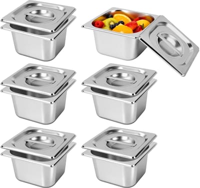 Dailygoods- GN Bak 1/6 Set van 6 - RVS Bakken 10 cm Diep - Stapelbare Gastro Bakken - Vaatwasserbestendig - Hitte- en Koudbestendig - Met Deksel en Handgreep - Voedselcontainer