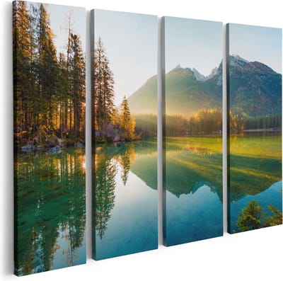 Artaza Canvas Schilderij Vierluik Zonsopgang Bij Het Meer In De Herfst - 80x60 - Foto Op Canvas - Canvas Print