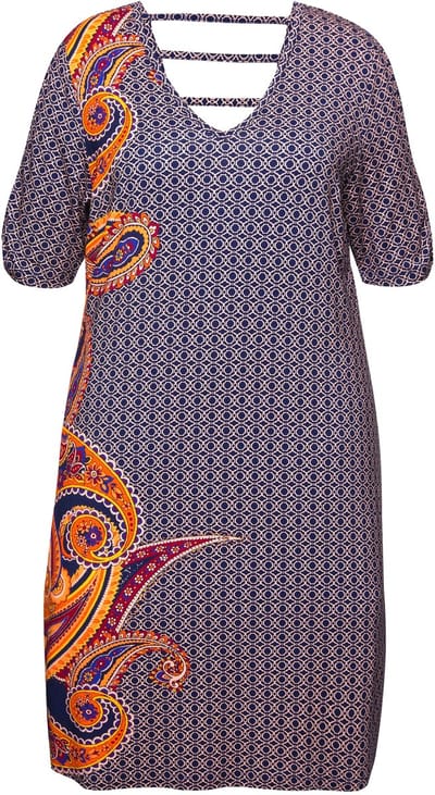 Ulla Popken - Dames - Strandjurk paisley A-lijn V-hals halve mouwen - Marine - Maat 42+