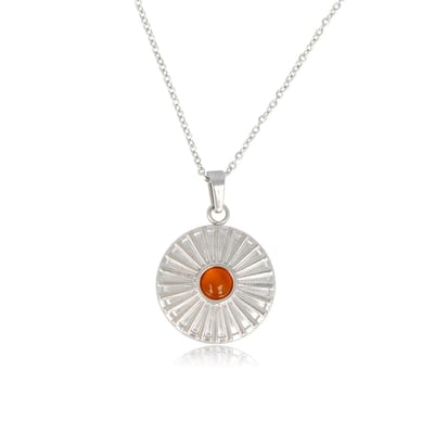 My Bendel - Zilverkleurige Ketting Carnelian Zonnetjes Hanger - Zilverkleurige Carnelian Zonnetjes Ketting - Fijne Schakelketting - met Luxe Cadeauverpakking | Sieraden Voor Dames