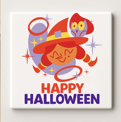 Happy Halloween Tegel – Schattige Heks & Uil Design – 15x15 cm Keramische Wanddecoratie – Leuk Griezelig Cadeau voor Halloween Woondecoratie