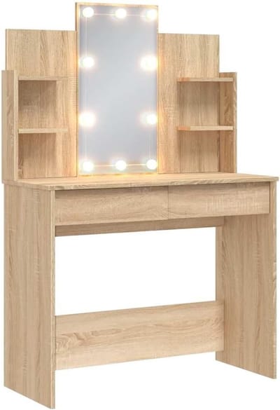 Kaptafel met Verlichting - Make-uptafel Bureau - Sieraden Opbergen - Verstelbare LED Kleuren - 96x40x142 cm - Sonoma Eiken