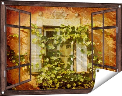 Gards Tuinposter Doorkijk Raam met Luiken - 90x60 cm - Tuindoek - Tuindecoratie - Wanddecoratie buiten - Tuinschilderij