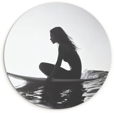 WallCircle® Wandcirkel 120x120 cm - Muurcirkel Silhouet - Vrouw - Surfplank - Water - Muurdecoratie woonkamer - Wanddecoratie slaapkamer - Kamer decoratie accessoires - Ronde schilderijen XXL