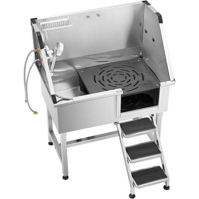 Baignoire pour toilettage de chien 96,5 cm Acier inoxydable avec escalier Robinet Pommeau de douche