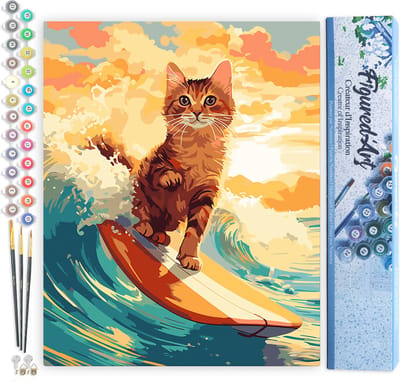 Figured'Art Schilderen op Nummer Volwassenen canvas Surfende kat- Handwerk acrylverf Kit DIY Compleet - 40x50cm zonder frame