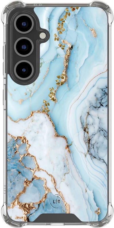 Shockproof hoesje - Geschikt voor Samsung Galaxy S24 FE - Marmer babyblauw - Extra sterke case - TPU/polycarbonaat - Marmer - Blauw, Transparant