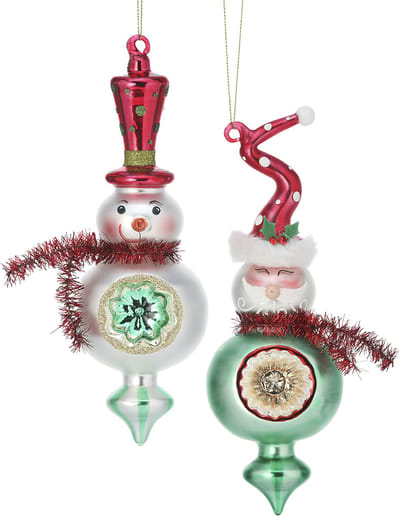 Viv! Christmas Kerstornament - Kerstman en Sneeuwpop Vintage Glas Reflector - set van 2 - glas - rood groen wit - 21,5cm