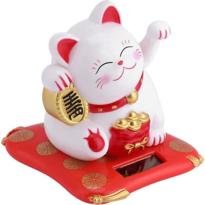 Chat mignon à énergie solaire, porte-bonheur, richesse, accueil des chats, décoration de voiture blanc