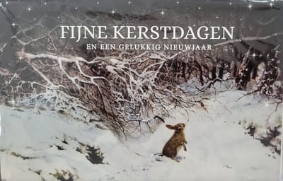 8 Dubbele Kerstkaarten met konijntje Rien Poortvliet - Gevouwen kerstkaart sneeuwlandschap met enveloppen - fijne kerstdagen