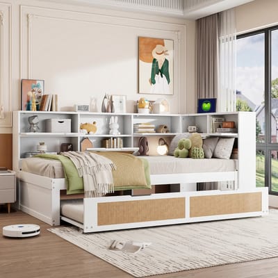 VVBV Slaapbank met Uitschuifbed 90x200 cm met Voor Kinderen/Tieners, Uitschuifbed - Planken - Hout Wit