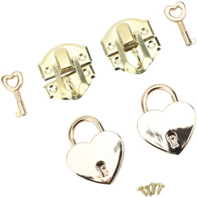 2 Sets Houten Doos Sluiting Hangslot Set Antiek Zinklegering Sluiting en Hartvormige Hangsloten met Sleutels Yellow geel