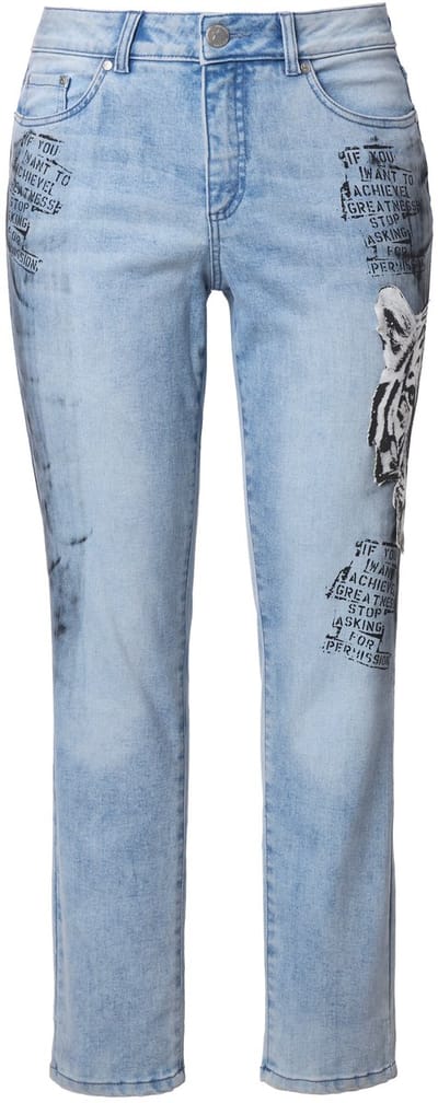 Angel of Style - Dames - Slim jeans Emma stretch denim luipaard-applicatie - Licht blauw denim - Maat 48