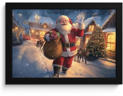 Poster in lijst - Fotolijst 30x20 cm - Posters - Kerstman - Dorp - Hert - Donker - Posterlijst zwart - Decoratie - Wanddecoratie woonkamer - Muurdecoratie slaapkamer - Kerstversiering - Kerstdecoratie voor binnen - Kerstmis