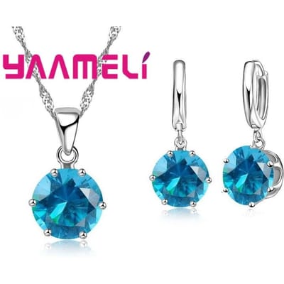 Sieraden Cadeauset Zirkonia Sterling Kleur Hanger Ketting Kristal Vrouwen Bruiloft Verloving Accessoire blue