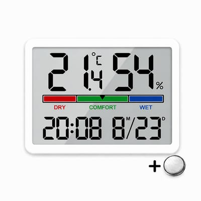Jumalu Hygrometer – Indoor Thermometer – Digitale Temperatuur en Vochtigheidsmeter met Klok – Kamer Thermometer voor Huis, Kantoor en Babykamer – Wit