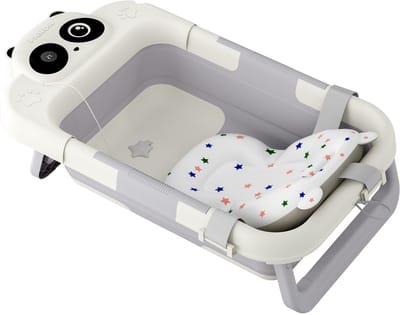 NAIZY Babybadje 68x41x19 cm Opvouwbaar badje incl. badmat, thermometer en temperatuurscherm Babybadje Antislip Draagbaar Babybadje, Grijs