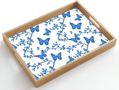 Dienblad hout 50x35 cm - Schootdienblad - Vlinder - Bloemen - Blauw - Borrelplank rechthoek - Plateau dienbladen