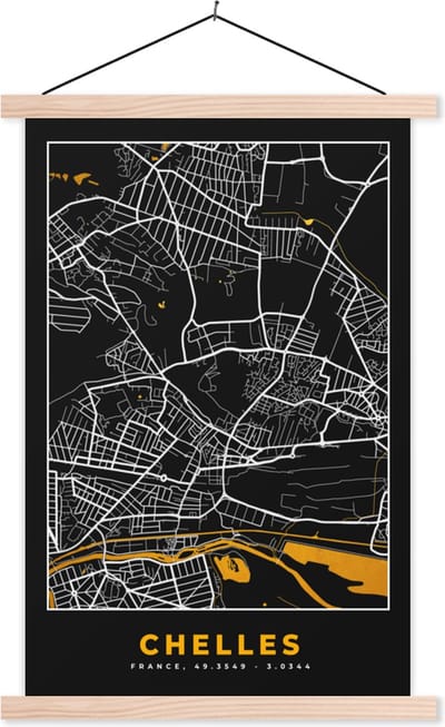 Posterhanger incl. Poster 40x60 cm - Schoolplaat - Frankrijk - Chelles - Stadskaart - Plattegrond - Kaart - Textielposter - Blanke latten - Stadskaart
