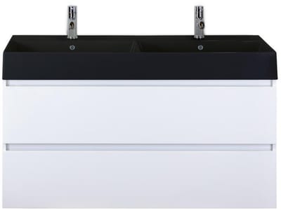 Maxx XL Badmeubelset 120 cm - Wit Hoogglans - Wastafel Kube Dubbel Zwart 2 Kraangaten