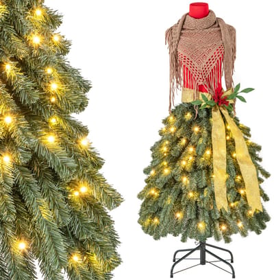 COSTWAY Kunstkerstboom in paspop-look, 150 cm dennenboom met verlichting, kerstboom met 100 warmwitte ledlampen, rode bessen en afneembare sjaal voor thuis
