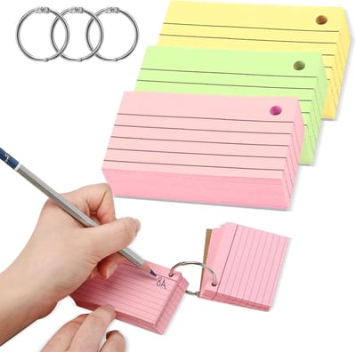 300 Gekleurde Flashcards en Visitekaarten met Geregelde Indexkaarten en Ringbanden voor Leren, Kantoor en Thuisgebruik (3 Kleuren)