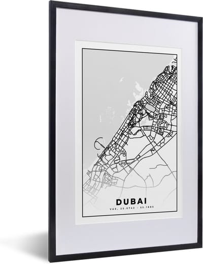 Fotolijst incl. Poster Zwart Wit- Dubai - Kaart - Stadskaart - Plattegrond - Zwart Wit - 40x60 cm - Posterlijst