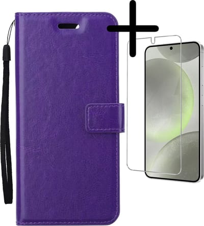 Hoesje Met Screenprotector - Geschikt voor Samsung Galaxy S24 Plus - Luxe Pasjeshouder - Bookcase Portemonee - Flip Case - Kunstleer Book Case - Flipcase - Book Cover - Walletcase - Portemonneehoes - Paars