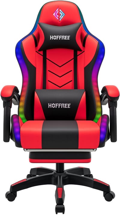 Hoffree RGB LED Gamingstoel met Bluetooth Speaker – Ergonomische Bureaustoel met Massagefunctie, Voetsteun & 180° Verstelbare Rugleuning – Comfortabele Computerstoel voor Gamers & Thuiswerkers – Rood