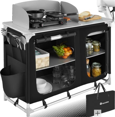tectake® Campingkeuken - Opvouwbare Campingkast - Reiskeuken - 116 x 52 x 107 cm - Keukenkast met Werkblad en Opbergvakken - Voor Caravan of Autocamping - Met Draagtas - Zwart