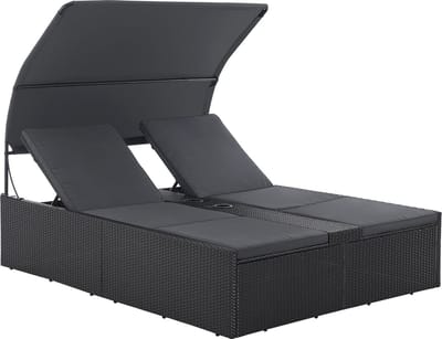 Juskys Polyrotan Loungebed / Ligbed Syros - Zwart - 2 personen - Incl. Kussens & Zonnedak