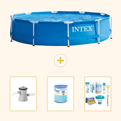 Intex Rond Frame Zwembad - 305 x 76 cm - Blauw - Inclusief Zwembadfilterpomp - Filter - Onderhoudspakket - 4-delig
