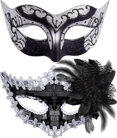 2 Stuks Venetiaanse Maskers voor Halloween en Carnaval - Zwart en Zilver, Geschikt voor Mannen en Vrouwen, Perfect voor Feestjes en Theatrale Optredens