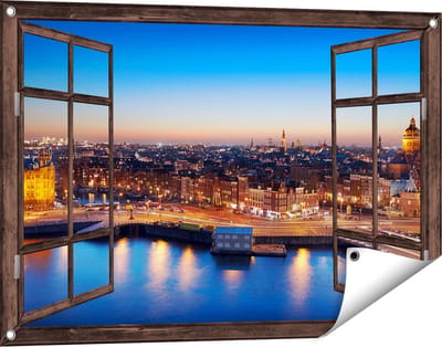 Gards Tuinposter Doorkijk Amsterdam Centrum in de Nacht - 90x60 cm - Tuindoek - Tuindecoratie - Wanddecoratie buiten - Tuinschilderij