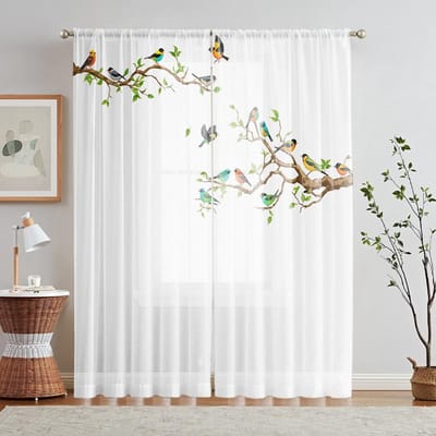 2 Stuks HD Digitaal Witte Takken Vogel Print Raamvalletje Woondecoratiestijl Decoreren Woonkamer Slaapkamer Roedegordijn W52H63inchW132H160cm white