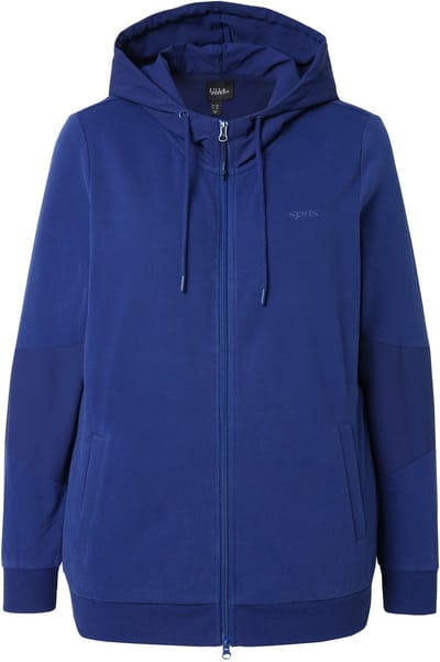 Ulla Popken - Dames - Hoodie-jack geweven inzetstukken capuchon tweewegrits - Marine - Maat 42+