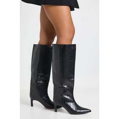 boohoo Dames Croc Column Spitse Kniehoge Hakkenlaarzen | Black | Maat: 3