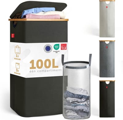 Blumtal Wasmand 100L - Wasmand met uitneembare waszak - Smalle wasmand - Flesverzamelaar - Wasmand met deksel - Zwart
