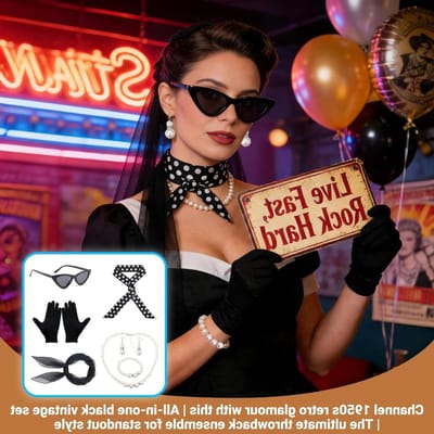 Retro 50s Kostuumset voor Vrouwen met 13 Stukken, Inclusief Polkadot Sjaal, Handschoenen en Sieraden voor Feest en Carnavals Thema