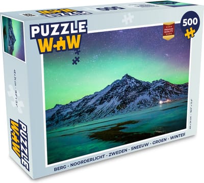 Puzzel Berg - Noorderlicht - Zweden - Sneeuw - Groen - Winter - Legpuzzel - Puzzel 500 stukjes