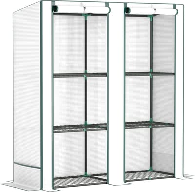 REDOM - Foliekas - Met Drielaags Plantenrek En Oprolbare Dubbele Deuren - Voor Balkon En Tuin - Staal - Wit - 144 X 48 X 152 Cm